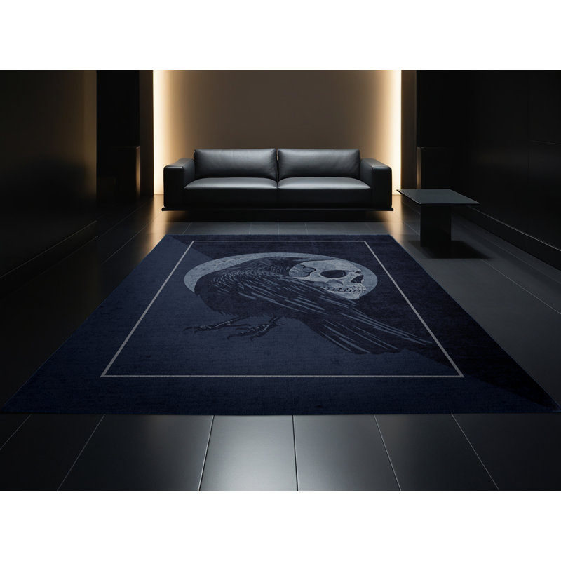 Machine Washable Delancey Halloween Modern & Contemporary Abstract Rug in Blue – Navy Binding, 5x7