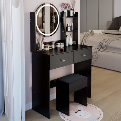 17" Round Led Vanity Table And Seat , Touch - Operated 3 Color Lighting With Adjustable Brightness, Large Mirror Multi Layer Storage, Ideal For Small Apartment Spaces, American Inspired Look, Black ,