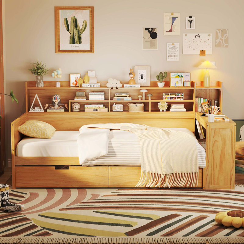 Lit de jour simple en bois avec tablettes de rangement, 2 tiroirs et bureau d'étude, naturel, Lit simple, Naturel