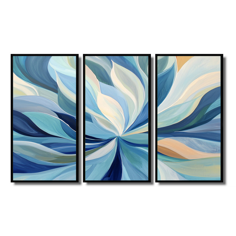 «Blue Faded Leaves» - ensemble d'impression d'art mural feuilles, H 28 po x l 36 po, Reproduction avec cadre flottant, Noir