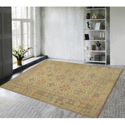 Tapis oriental brun clair / vert / rouge en laine noué à la main 9 pi 11 po x 13 pi Madea
