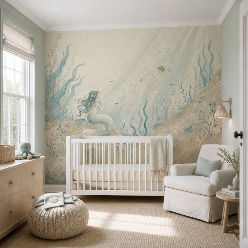 Décoration murale aquarelle sous-marine sirène, 140 po x 108 po, Non tissé