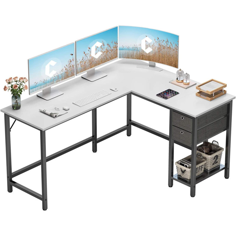 L-Shaped Metal Base Computer Desk, White