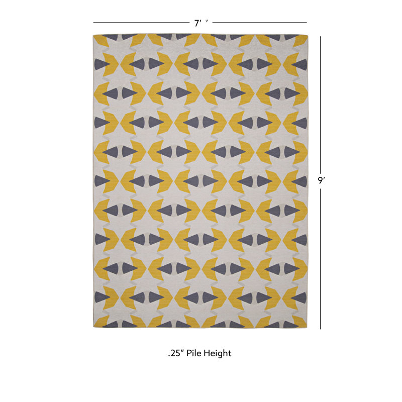 Kivett Midcentury Ivory and Yellow Indoor Outdoor Machine Washable Rug, Rectangle 7' x 9'