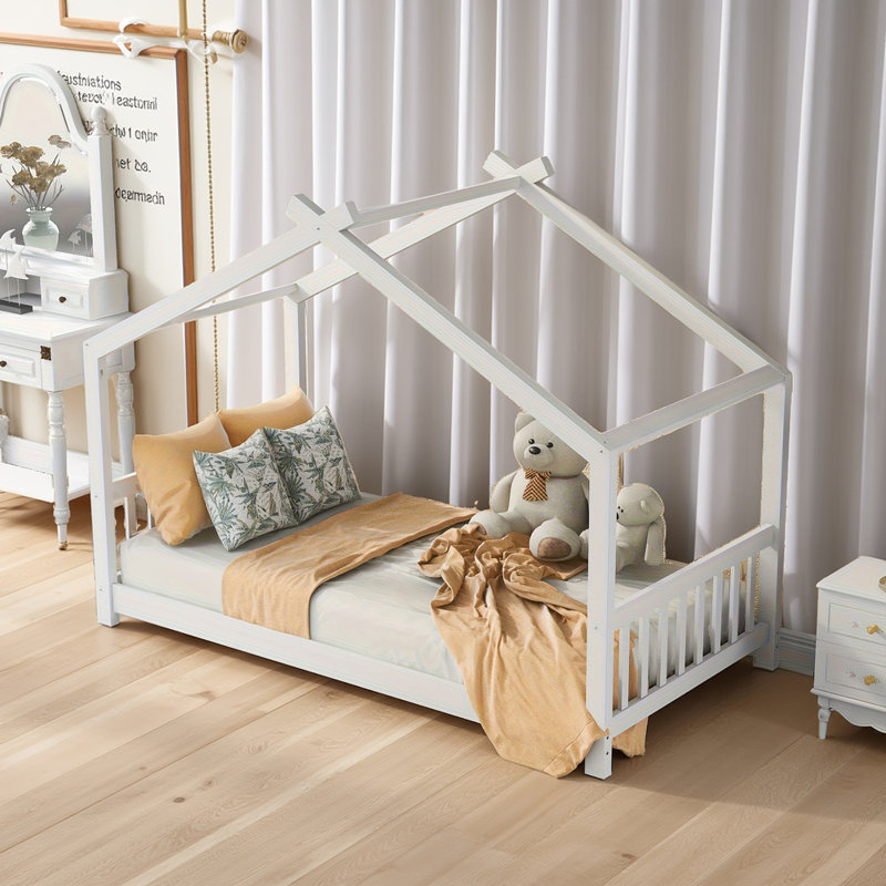 Lit plateforme simple (conception sur le toit) - Tête de lit / pied de lit, sécuritaire pour les enfants, bois naturel, facile à assembler - blanc