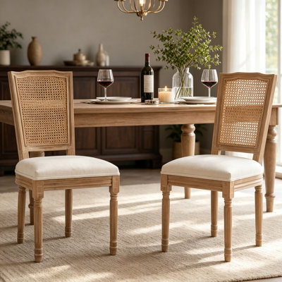 Chaises de salle à manger en bois massif Farmhouse avec assise en lin rembourré et dossier en rotin tissé pour la cuisine, la salle à manger, le salon, beige, ensemble de 2
