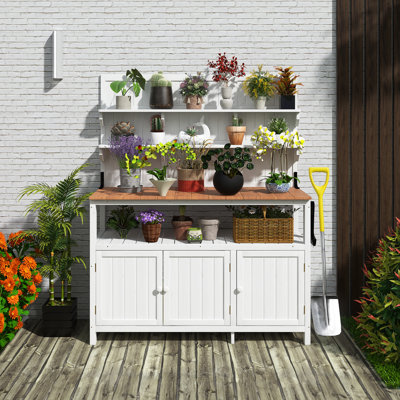 Banc de rempotage en bois de sapin massif avec huche, poste de travail de jardin, grand comptoir, 2 tablettes, 2 armoires, 3 crochets latéraux, blanc