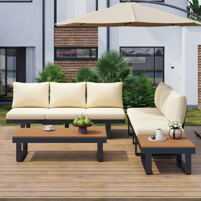 Outdoor Sectional Sofa Set Patio Conversation Set Patio Seating Group Outdoor Daybed with Adjustable Reclining Seats for Backyard, Poolside and Balcony,Beige