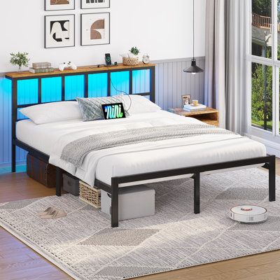 Bed Frame with Power Strip & LED Lights, Metal Platform Beds with Headboard, Stable and Sturdy, No Box Spring Needed