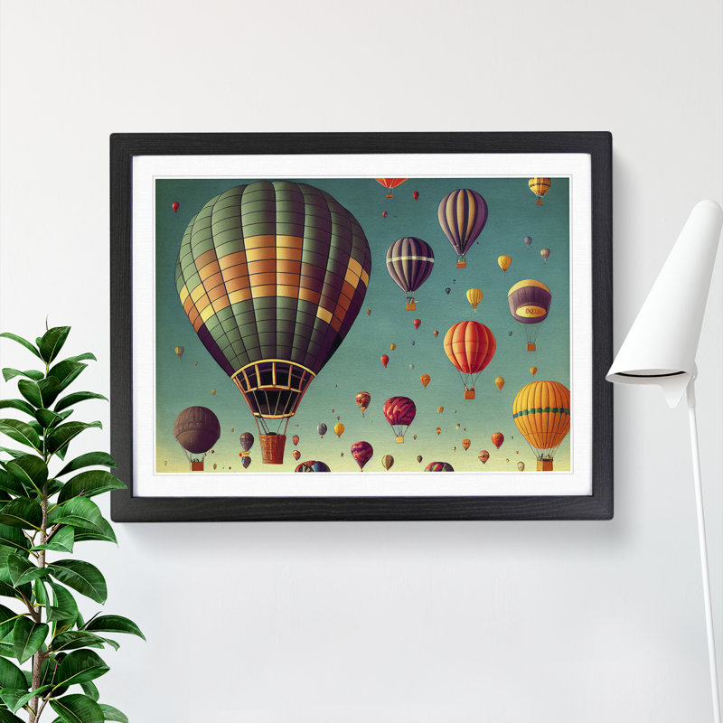 Retro Hot Air Balloons - Single Picture Frame Painting, 34cm H x 46cm W x 2cm D, Black Framed