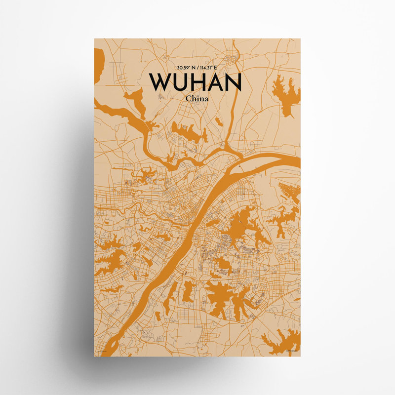 Carte de la ville de Whan, impression, H 17 po x l 11 po, Orange / or pâle
