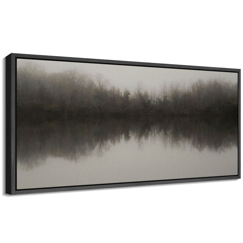 «Misty Lake Serene Landscape», art moderne, H 30 po x l 60 po, Noir, noir, noir, noir