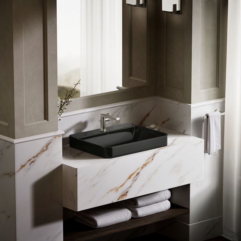 Vox Vitreous China Rectangular Vessel Bathroom Sink with Overflow, 1, Black Black