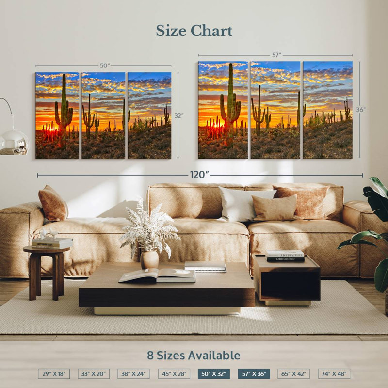 " Sunset Cactus " 3 - Pieces, 32" H x 50" W x 1.25" D