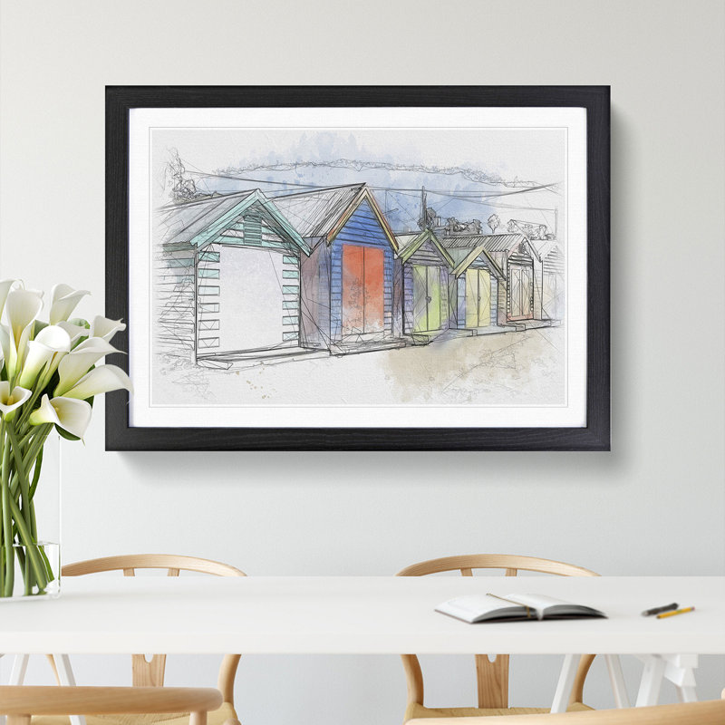 Colourful Beach Huts - Picture Frame Painting, 65cm H x 90cm W x 2cm D, Black