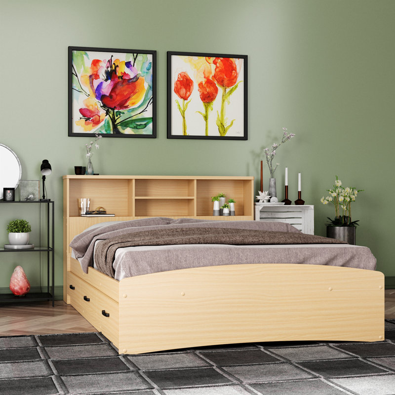 Monira Bed Frame With Storage & Headboard New Design, Beech, Full