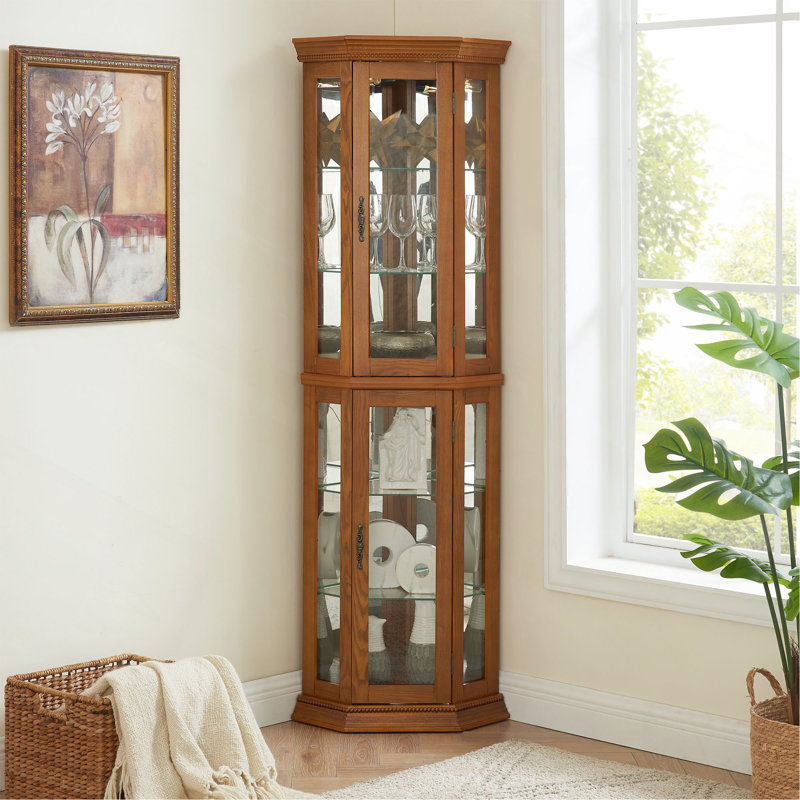 Corner Curio Cabinet Lighted Corner Display, Glass Display Shelf Shelving Bar Cabinet With Tempered Glass Door, Bar Cabinet,Cabinet With Adjustable Shelf Glass Cabinet Shelves Bead Bulb Included