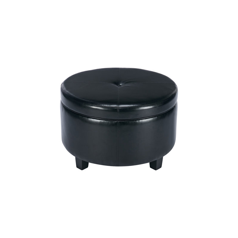 Canek Faux Leather Storage Ottoman with Wooden Legs, Black Faux Leather
