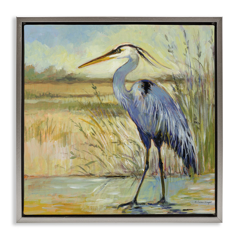 Art mural sur toile Scenic Great Heron Floater, conception par Susan Winget, H 25 po x l 25 po, Cadre flottant gris lustré