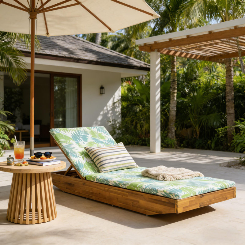79.6" L Acacia Solid Wood Frame Patio Chaise Lounge, With Folding Cushion Outdoor Recliner Lounge Chair For Poolside, Deck Or Backyard