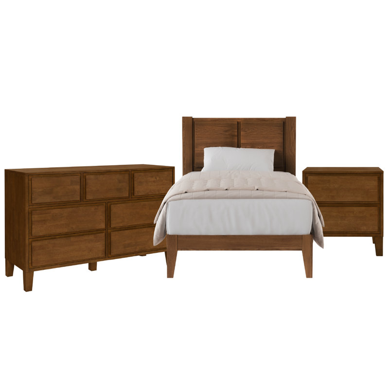 Ensemble de chambre à coucher Knighten, Trois pièces : Lit, table de chevet et commode, Lit simple, Noyer foncé