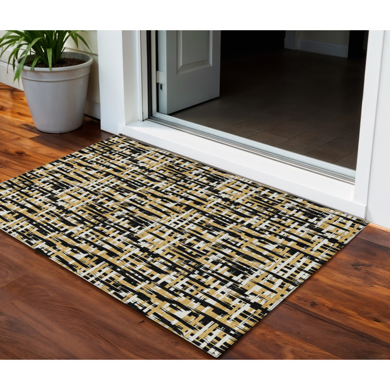 3' X 5' Black Gold And Ivory Abstract Washable Indoor Outdoor Area Rug