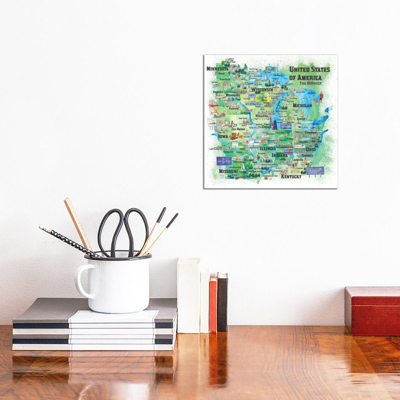 Midwest States Travel Map by Markus & Martina Bleichner - Wrapped Canvas Print, 30.48 cm H x 30.48 cm W