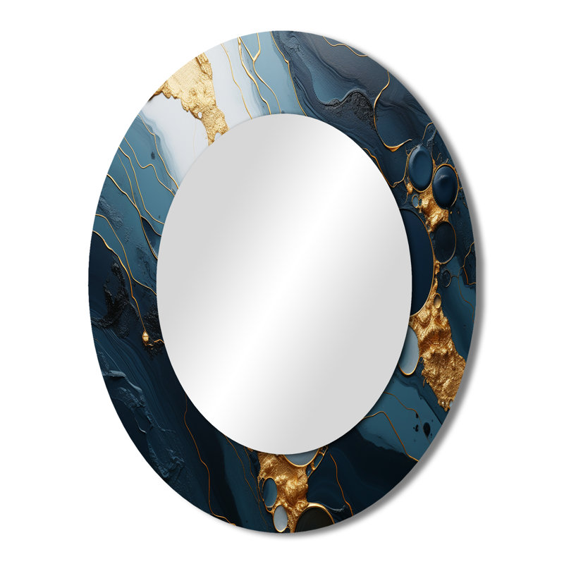 Miroir décoratif ovale abstrait en métal doré et bleu Essence magique III, 43 po x 33 po
