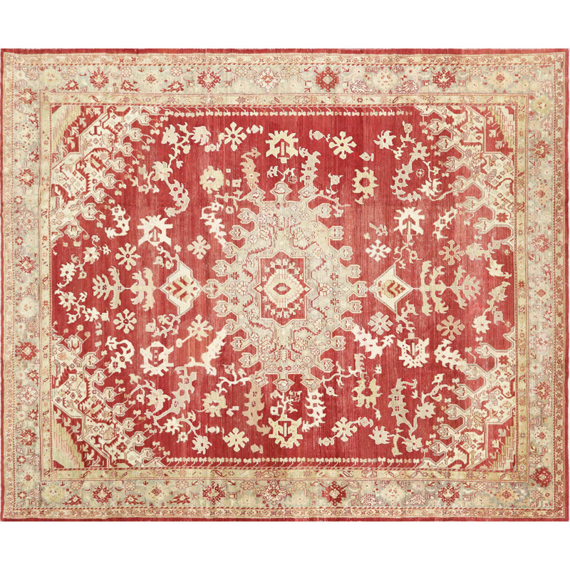 Tapis unique en laine noué à la main de style années 1900 de 10 pi 4 po x 12 pi 4 po en rouge / blanc / beige