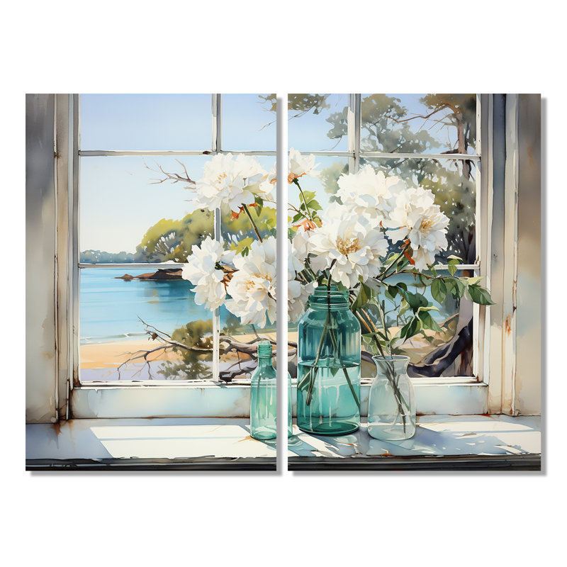 Fenêtre bleue vue sur la plage Blooms III - Décoration murale bleue 2 pièces, Toile tendue, Ne s’applique pas