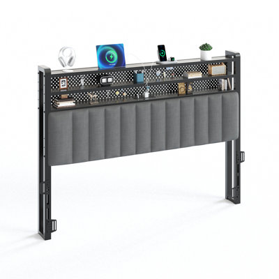 Full Size Headboard, Adjustable Upholstered Headboard With 3 Tier Shelves And Pegboard With Charging Stations And LED Lights, Modern Bed Headboard With Storage Linen And Dark Gray