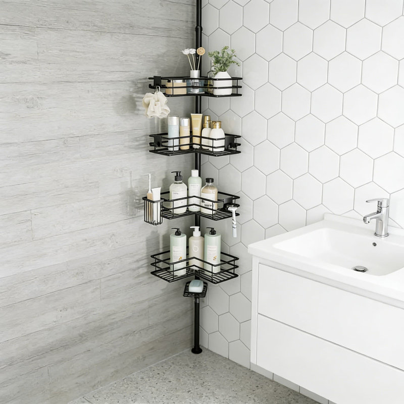 Adjustable Corner Shower Caddy Organizer With 4-Tier Shelves, Soap And Toothbrush Holder, Rustproof Stainless Steel Tension Pole For Bathroom Storage