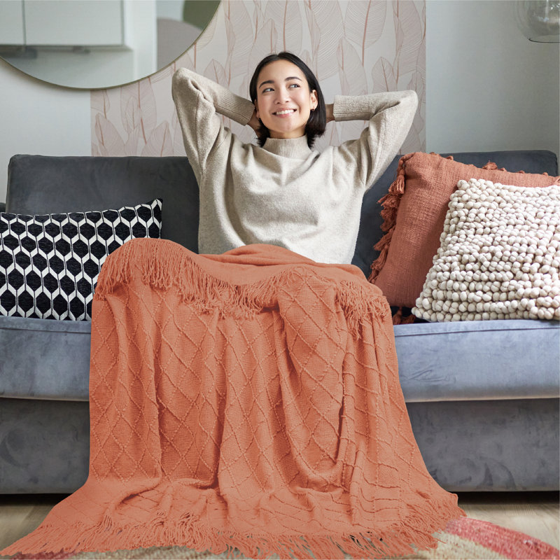 Coral Orange Knit Fleece Throw Blanket with Fringe Tassels