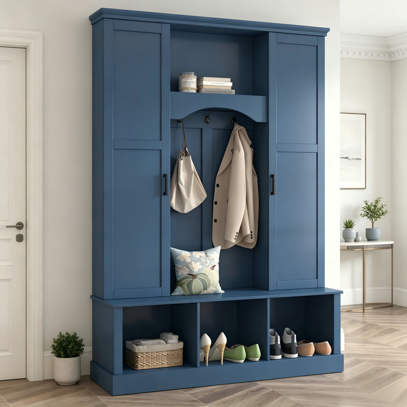 Modern Blue All-In-One Storage Bench — Arched Farmhouse-Style Design With Seven Hooks And Dual Side Cabinets (Versatile Home Use)