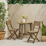 Outdoor 3Pc Half-Round Folding Acacia Wood Bistro Set: Weather-Resistant, Space-Saving,Grey