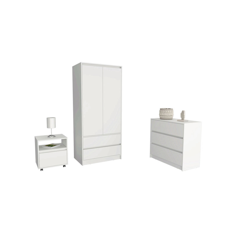 Ensemble de chambre à coucher 3 pièces, table de chevet + commode + armoire, Blanc