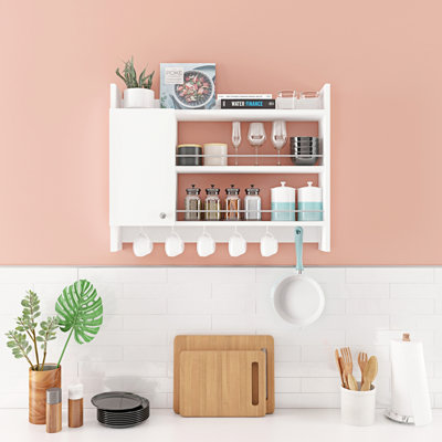 Modern Wall-Mounted Kitchen Shelf, White, 33.5 x 5.9 x 25.6 Inches | 100% Melamine Coated Particle Board, Thickness: 0.7 Inches | Numerous Shelves for Storage, Sleek Design, Perfect for Organizing Any Kitchen Space