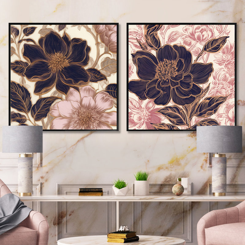 Pivoine bleue et rose - ensemble de 2 pivoines carrées, Cadre flottant noir, H 36 po x l 73 po