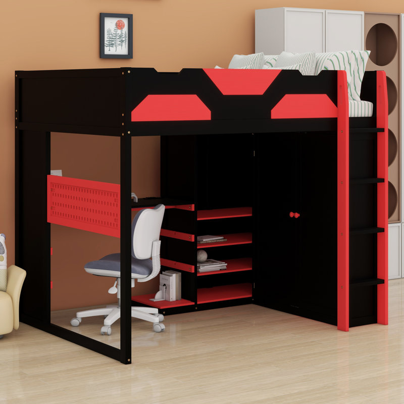 Multifunctional Wooden Loft Bed Featuring Desk, Wardrobe, Shelves, USB & RGB Lighting, Red