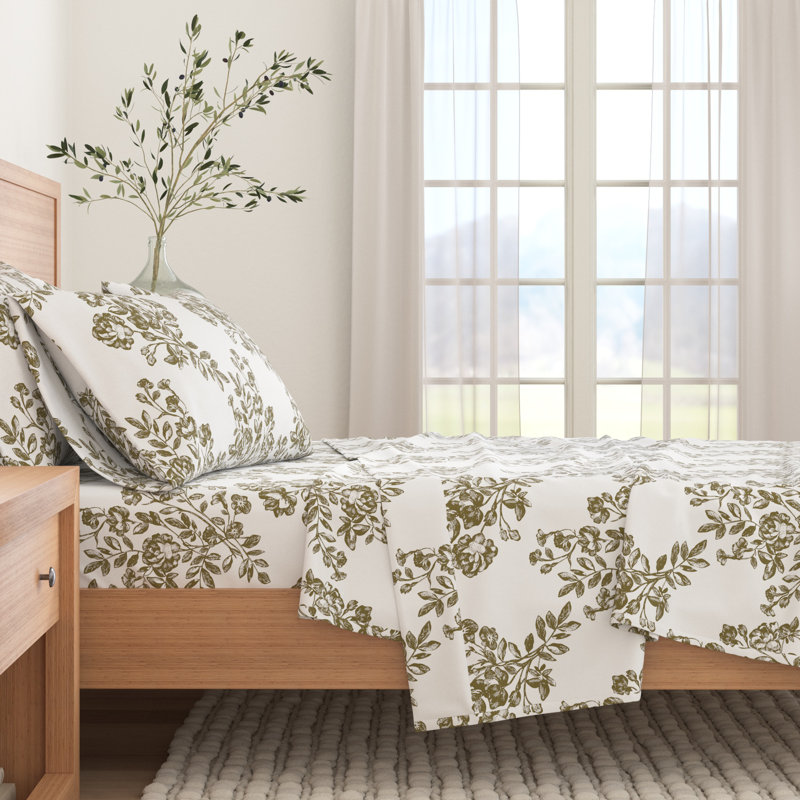 100% Turkish Cotton Flannel Christmas Sheet Sets, Toile/Olive Floral, California King with 2 Pillowcases