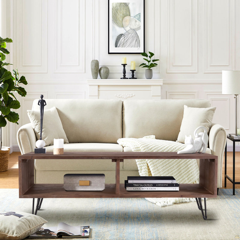 Table basse en bois récupéré avec rangement ouvert, pliable et de style rétro pour le salon.