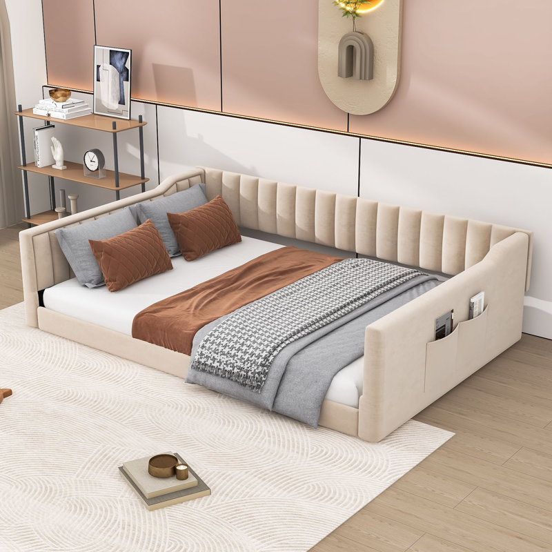 Upholstered Daybed with Side Storage Pockets for Living Rooms and Guest Rooms, Full XL, Beige