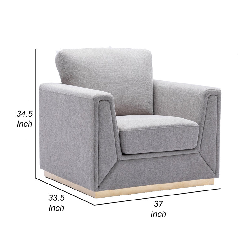 Fauteuil décoratif Sylvie, lin gris, base carrée moderne dorée