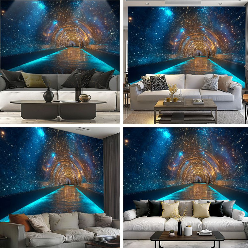 Papier peint adhésif pelez et collez, tunnel étoilé cosmique, néon, bleu, doré, reflets de lumière dorée, auto-adhésif et amovible