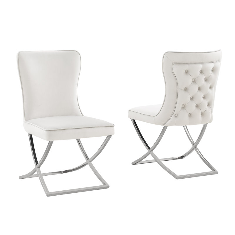  Yulianna 19" Tufted Velvet Upholstered Side Chair , Beige, Silver