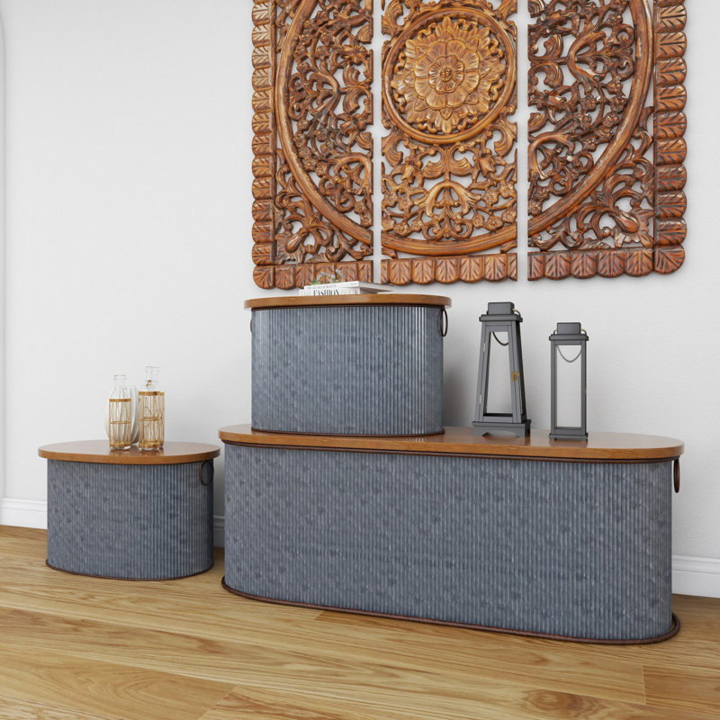 Metal Silver Storage Bench with Brown Wood Top Set