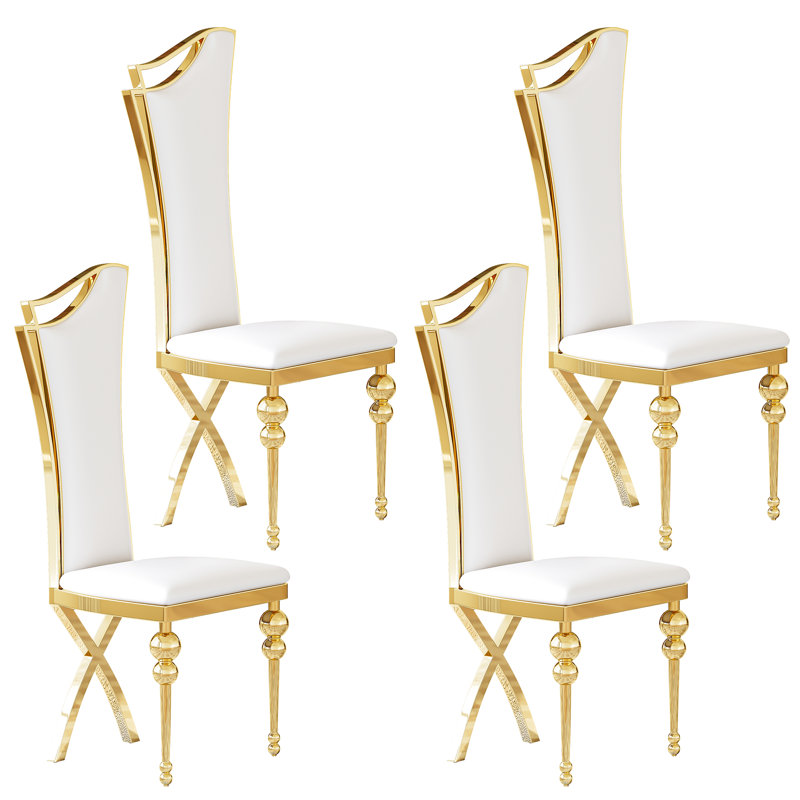 47" Mondern Dining Chairs Set, PU Leather High Back Seat, X-Shaped Gourd Legs, Gold Stainless Steel Frame, 4, White