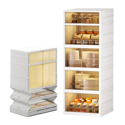 5-Tier 5Grids Pantry Cabinet Plastic Foldable with Doors Clear Collapsible Storage Cabinet with Wheels Large Folding Stackable Closet Storage Easy Assemble