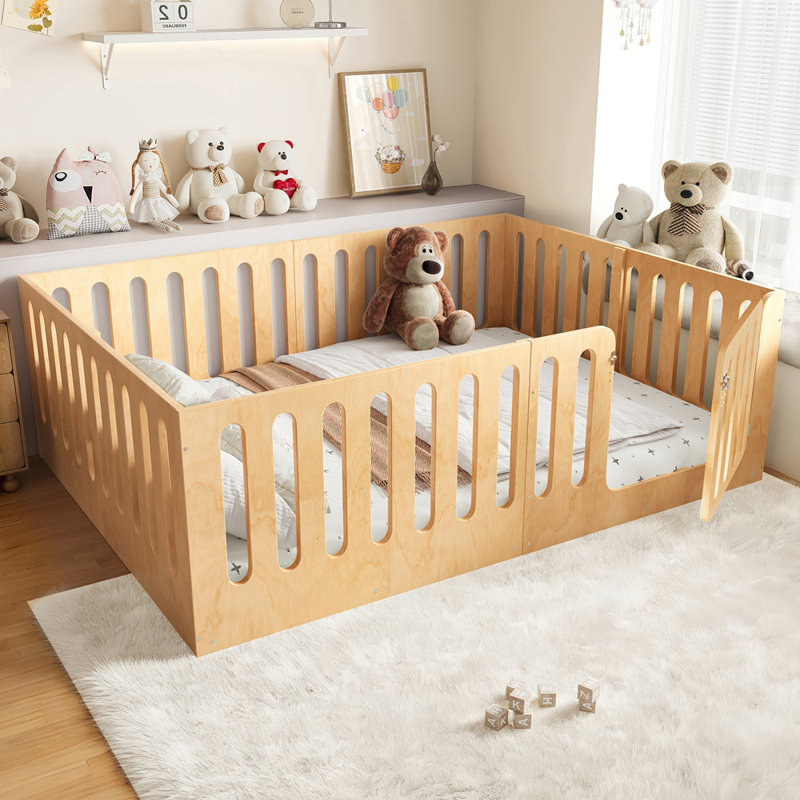 Floor Bed with High Fence for Kids, Solid Wood Kids Montessori Bed with Door, low-profile and No Box Spring Needed Design