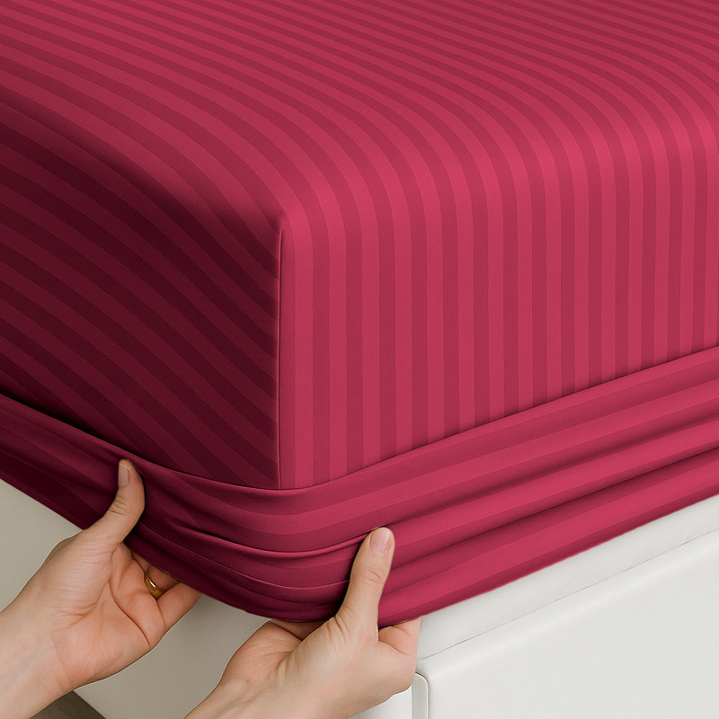 40cm Deep Pocket Microfiber Stripe Fitted Sheet, Burgundy, Double (4'6)